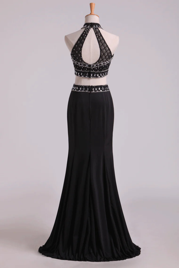 Black Halter Two-Piece Beaded Bodice Mermaid Open Back Party Dresses Spandex